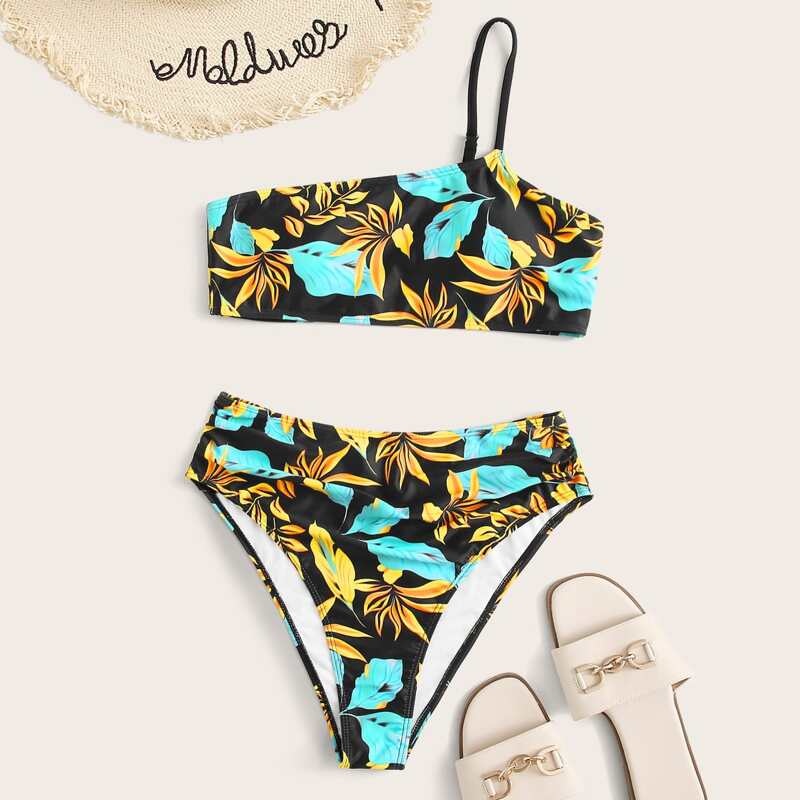 

Plant Print One Shoulder High Waisted Bikini, Multicolor