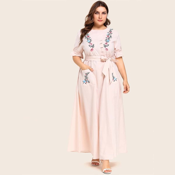 

Plus Floral Embroidery Belted A-line Dress, Pink