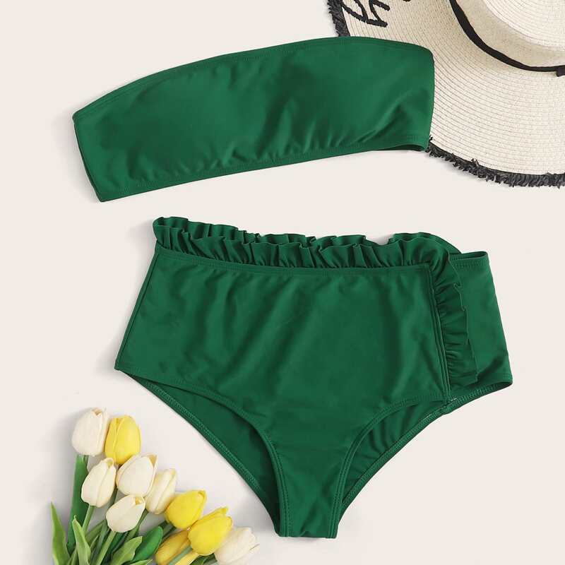 

Frill Trim Bandeau High Waisted Bikini, Green