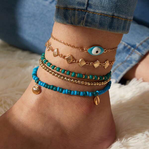 

5pcs Shell & Eye Decor Anklet, Multicolor