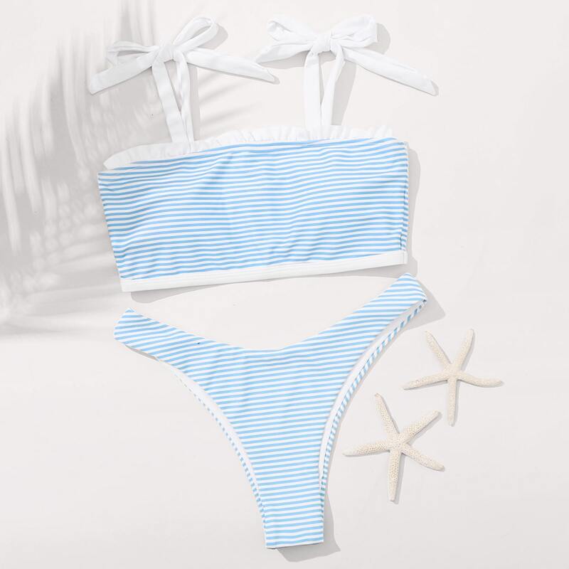 

Striped Knot High Leg Bikini Swimsuit, Blue