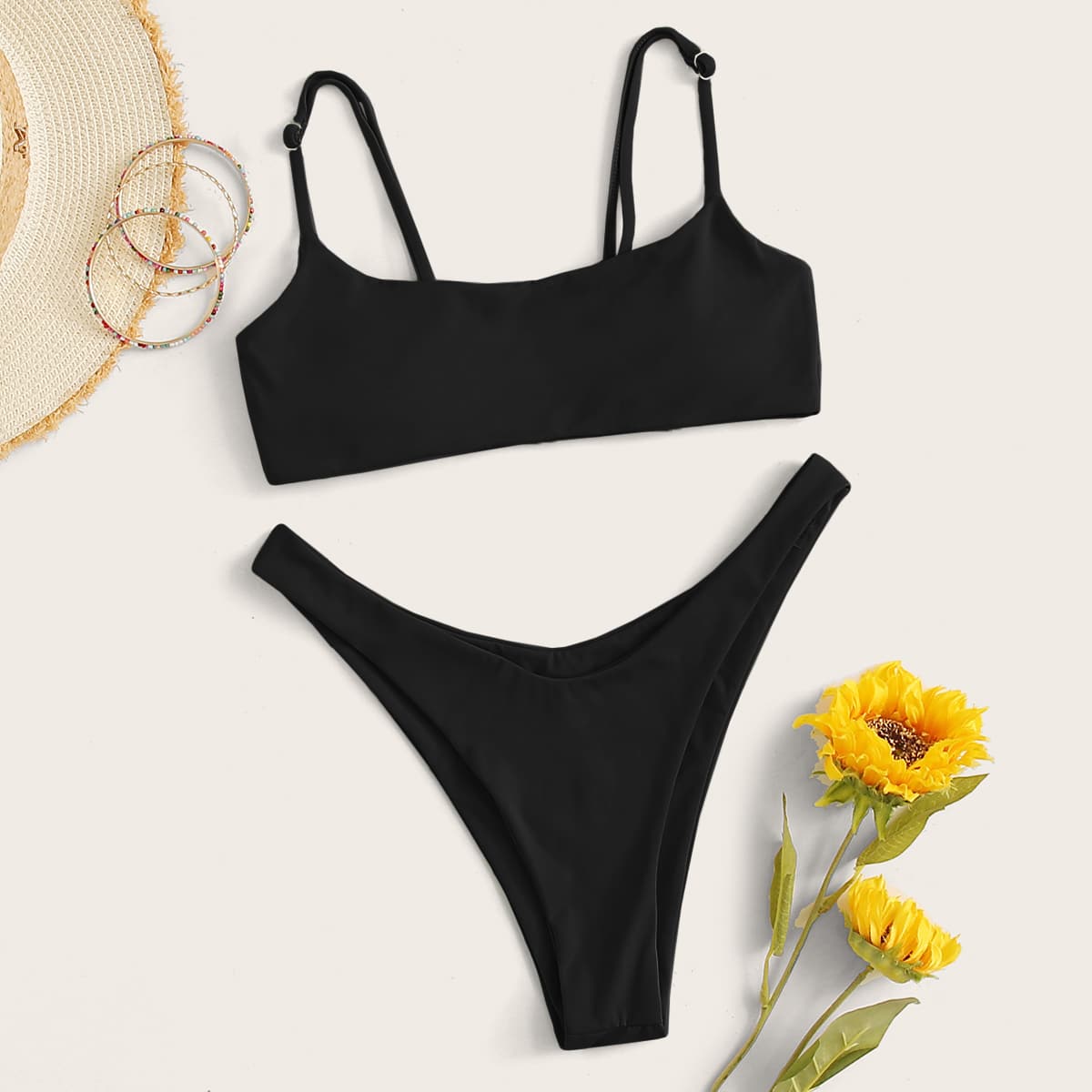 

Adjustable Strap High Cut Bikini, Black