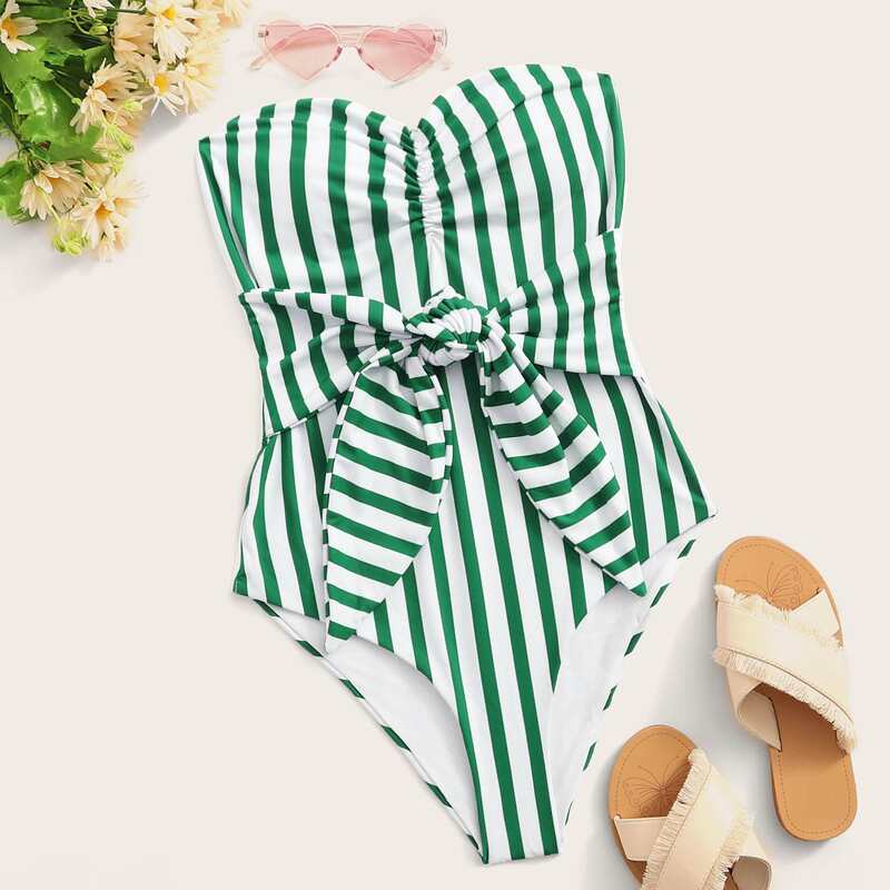 

Striped Tie Front Bandeau One Piece Swimwear, Green