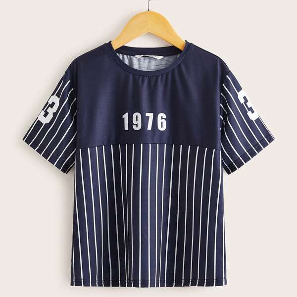 

Boys Letter Graphic Striped Top, Navy blue