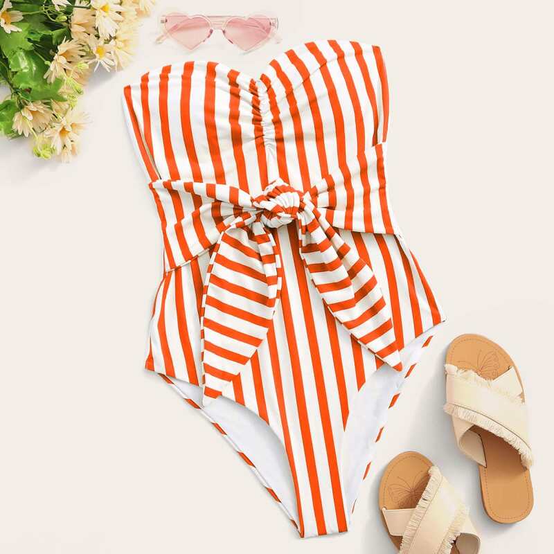

Striped Tie Front Bandeau One Piece Swimwear, Orange
