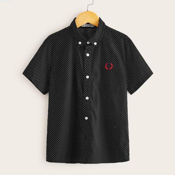 

Boys Embroidery Detail Polka Dot Shirt, Black