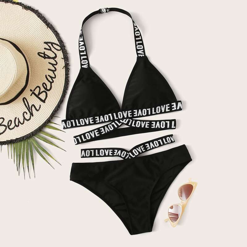 

Letter Tape Triangle Halter Bikini Swimsuit, Black