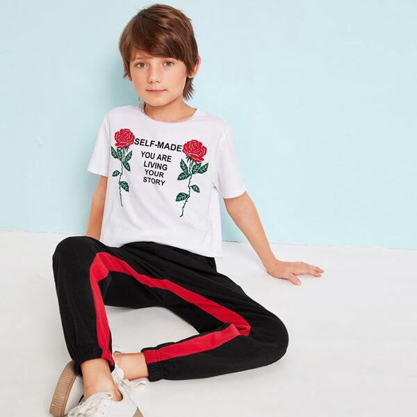 

Boys Slogan and Floral Top & Contrast Panel Sweatpants Set, Multicolor