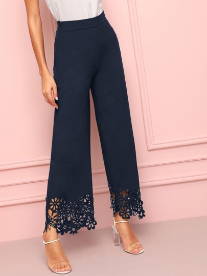 Floral Hollow Out Wide Leg Solid Pants