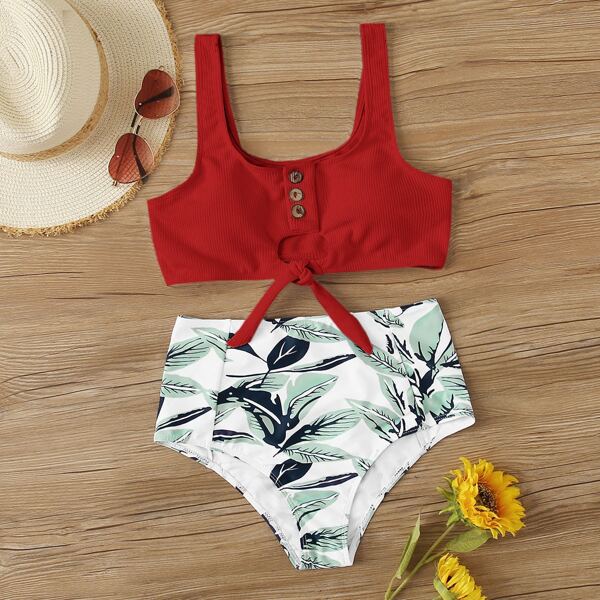 

Plant Print Rib Knot Front High Waisted Bikini, Multicolor