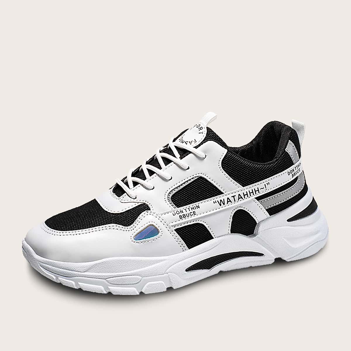 

Guys Lace-up Front Mesh Panel Sneakers, Black and white