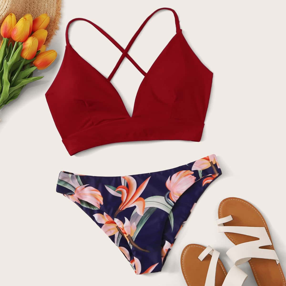 

Floral Criss Cross Back Bikini, Multicolor
