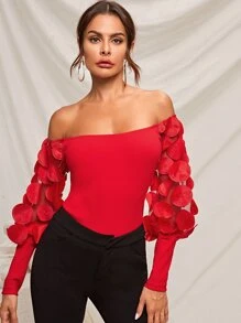 SHEIN Applique Mesh Lantern Sleeve Rib-knit Bardot Top - Red - View 1