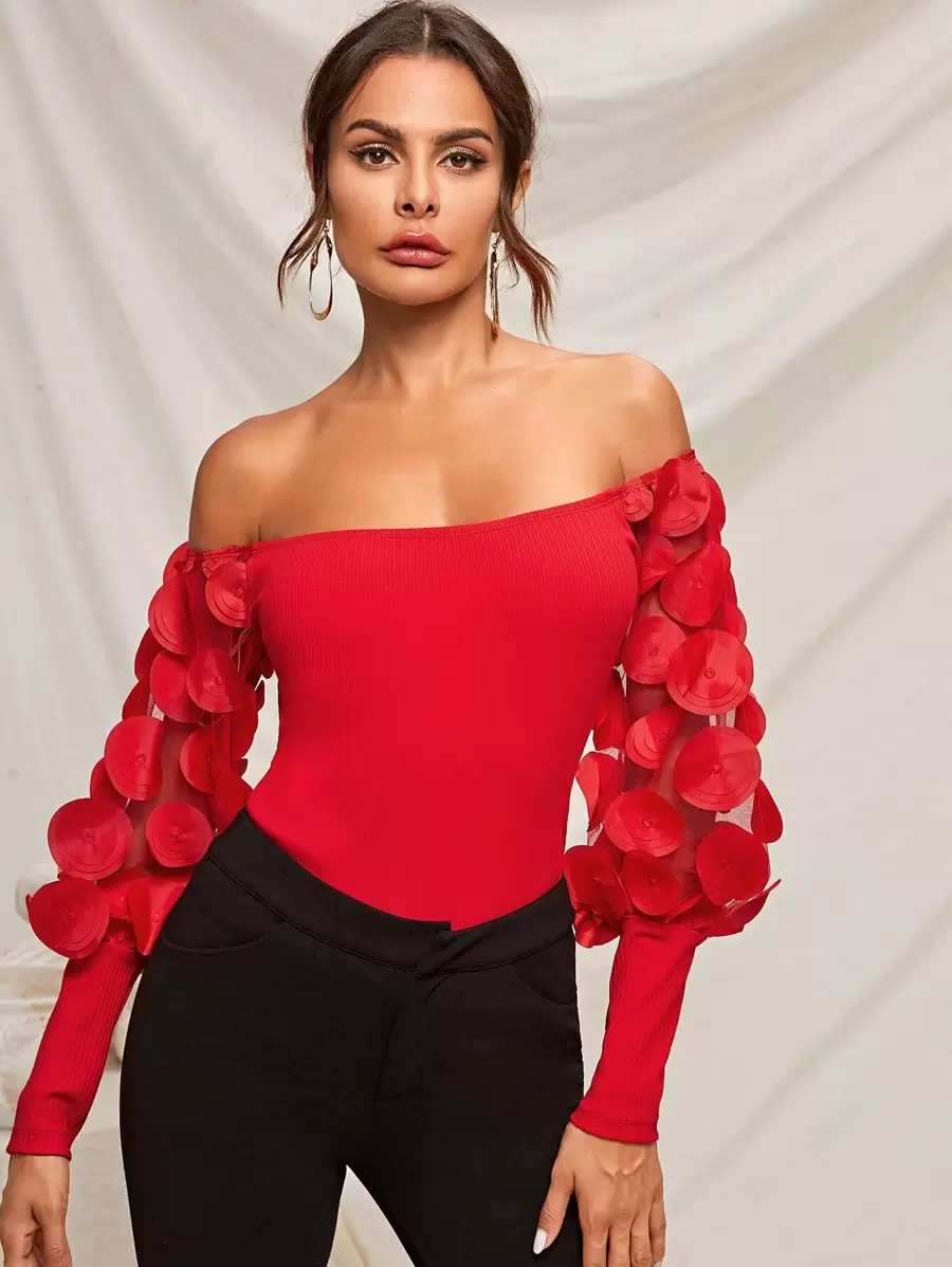 SHEIN Applique Mesh Lantern Sleeve Rib-knit Bardot Top - Red - View 1