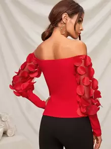 SHEIN Applique Mesh Lantern Sleeve Rib-knit Bardot Top - Red - View 2