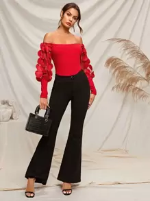 SHEIN Applique Mesh Lantern Sleeve Rib-knit Bardot Top - Red - View 3