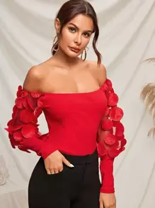 SHEIN Applique Mesh Lantern Sleeve Rib-knit Bardot Top - Red - View 4