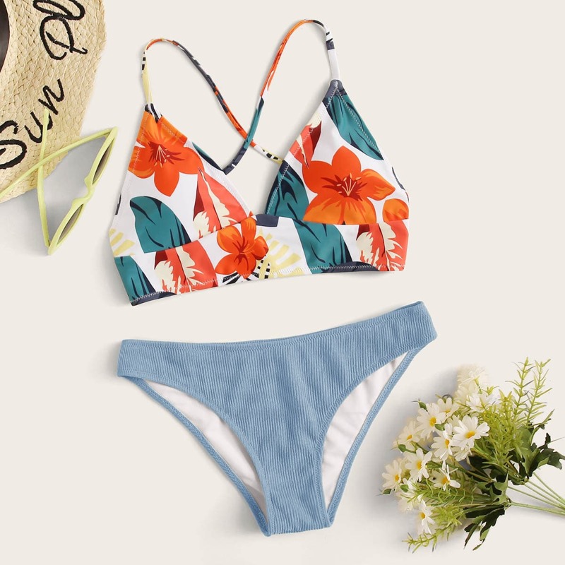 

Floral Rib Criss Cross Tie Back Bikini, Multicolor