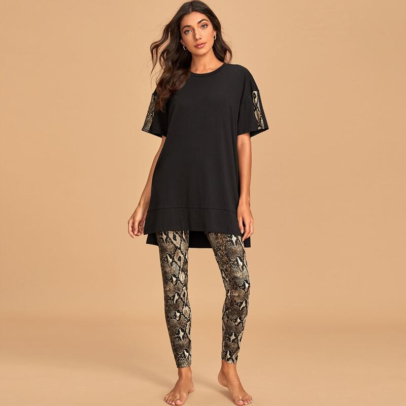 

Split Side Top & Snakeskin Print Leggings PJ Set, Multicolor