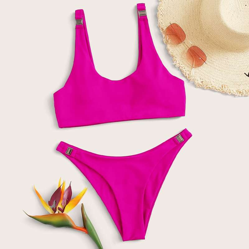 

Metal Buckle High Cut Bikini Set, Pink bright