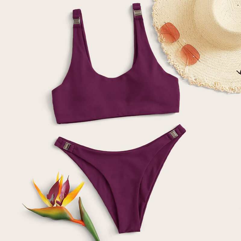 

Metal Buckle High Cut Bikini Set, Purple