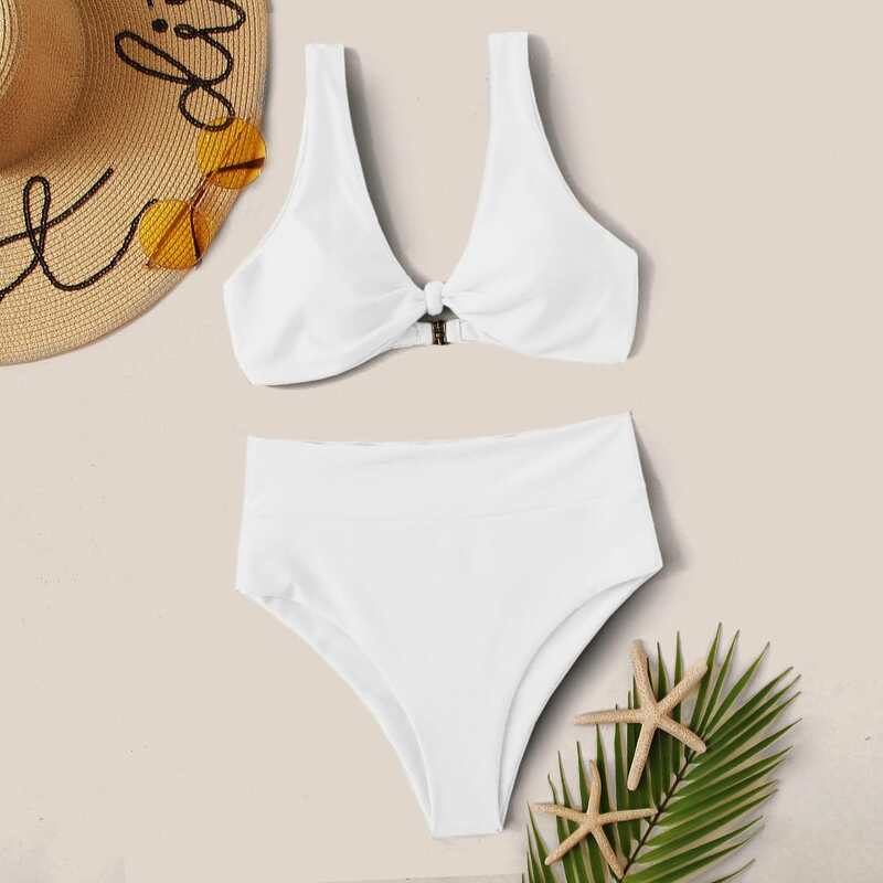

Knot Front High Waisted Bikini Set, White