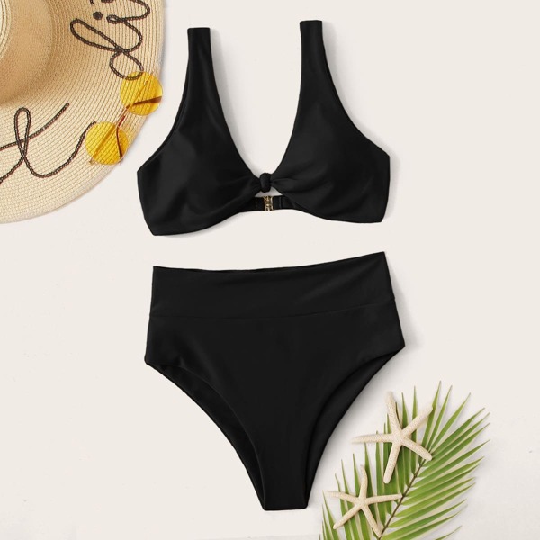 

Knot Front High Waisted Bikini Set, Black