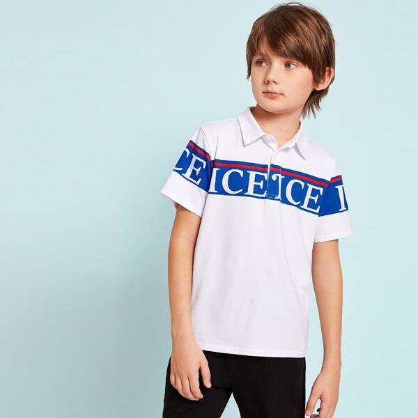 

Boys Letter Graphic Striped Polo Shirt, White