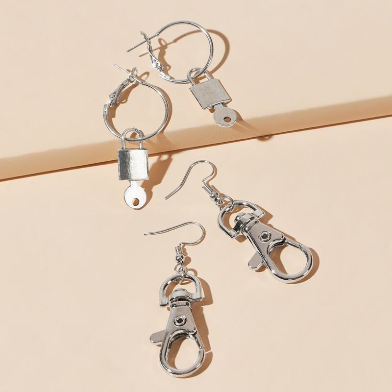 

2pairs Lock & Keychain Drop Earrings, Silver