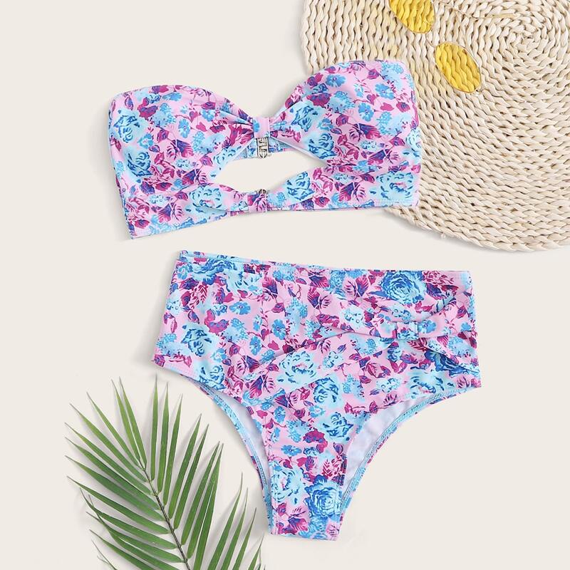 

Floral Cut-out Bandeau High Waisted Bikini, Multicolor