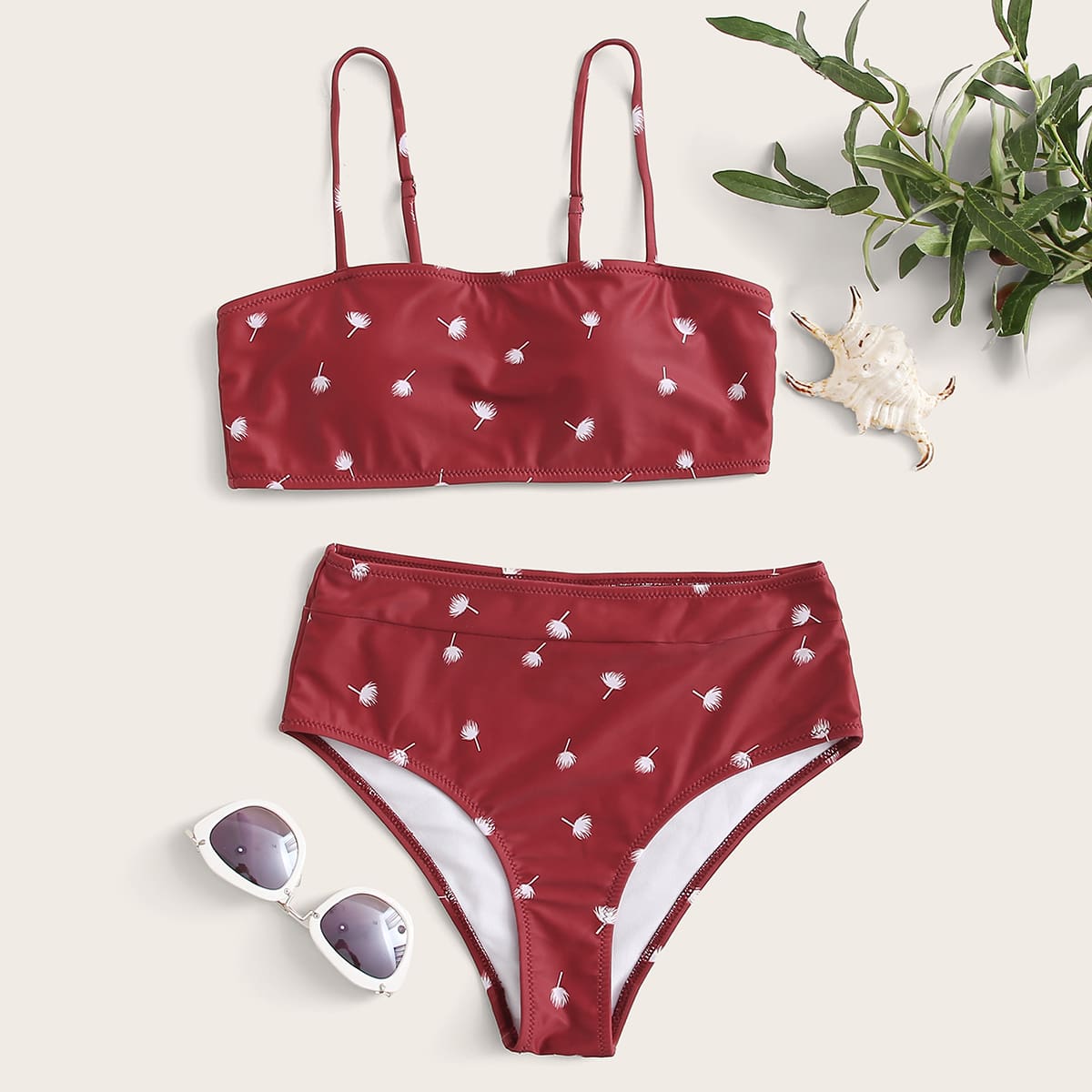 

Dandelion Print High Waisted Bikini, Red