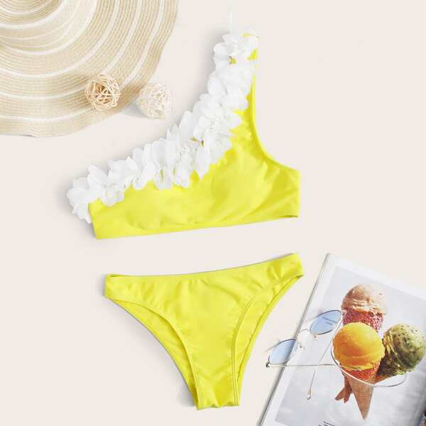 

Flower Appliques One Shoulder Bikini Set, Yellow