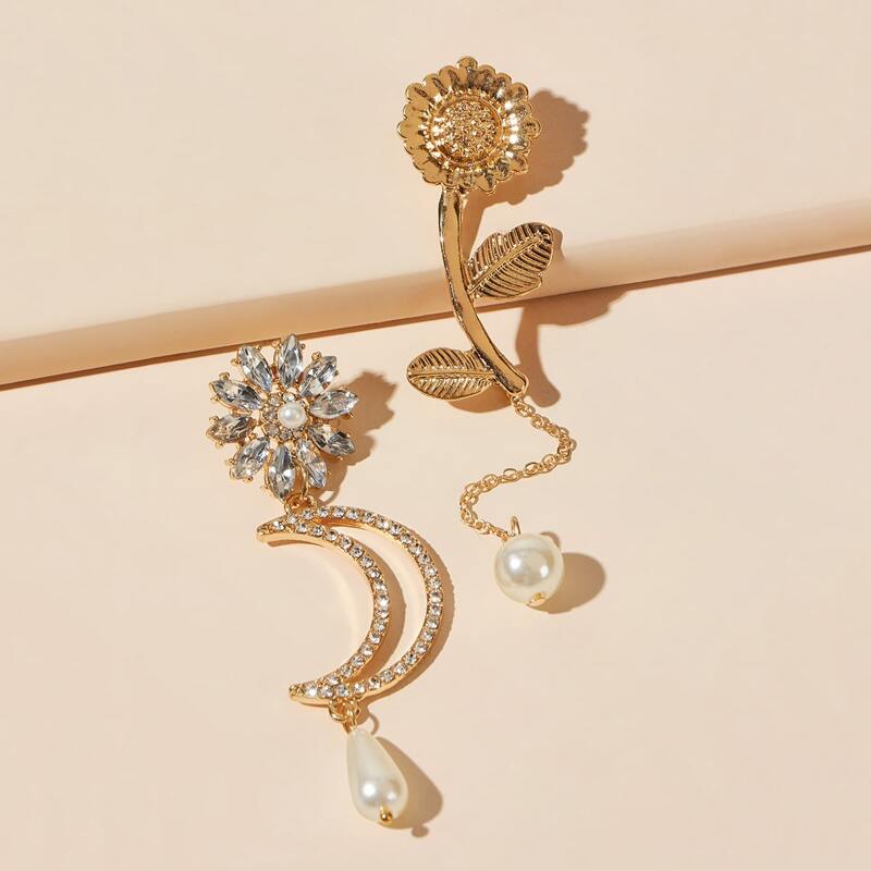 

1pair Floral & Moon Mismatch Drop Earrings, Gold