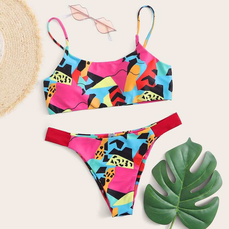 

Graphic Print Tanga Bikini Set, Multicolor