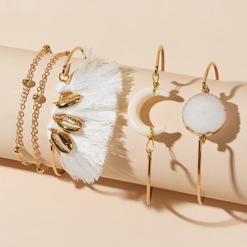 

5pcs Moon & Tassel Bracelet, Gold