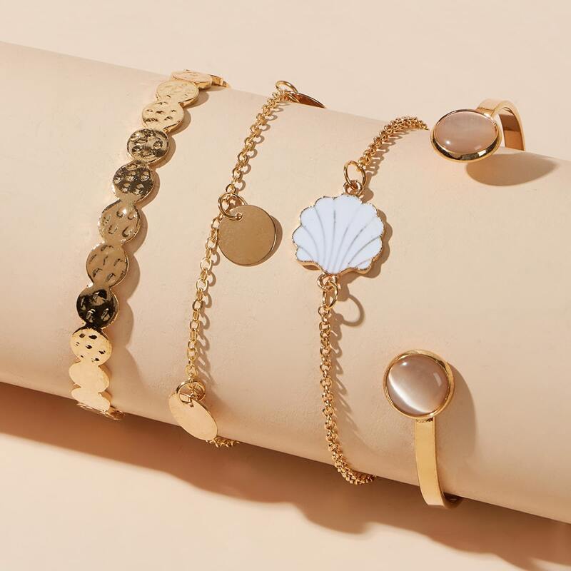 

4pcs Shell & Disc Bracelet, Gold