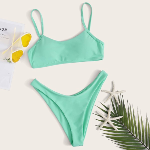 

Plain High Cut Bikini Swimsuit, Green