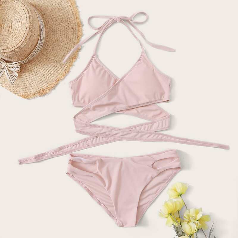 

Wrap Cut-out Halter Bikini Set, Pink
