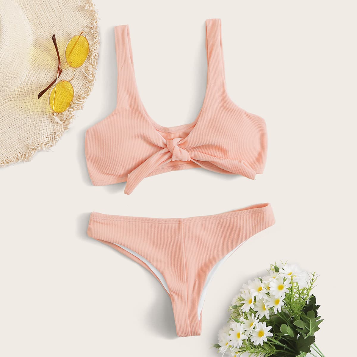 

Rib Tie Front Bikini Set, Pink