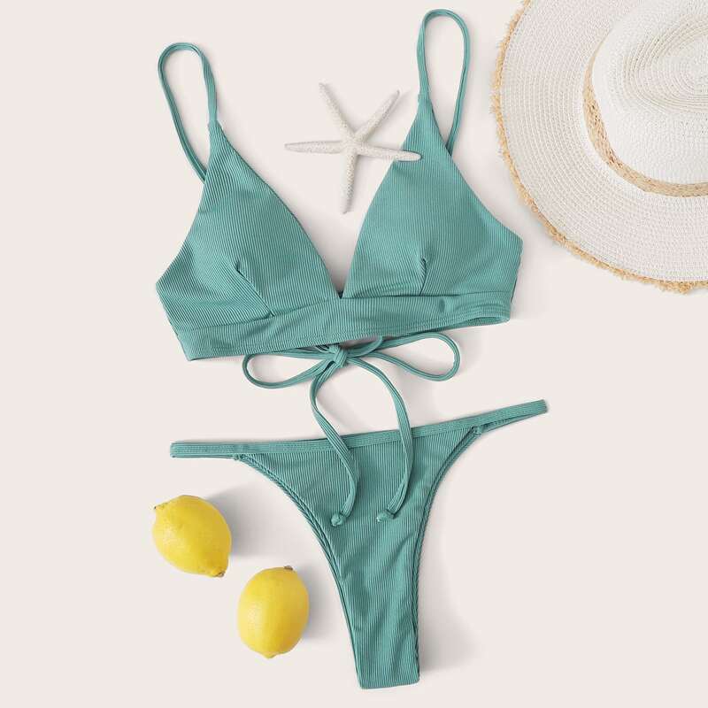 

Rib Tie Back Thong Bikini, Green