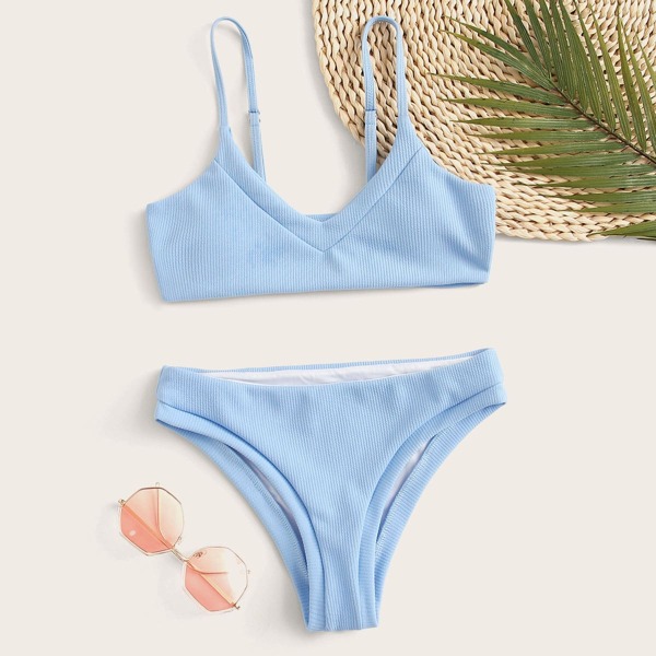 

Rib Adjustable Strap Bikini Set, Blue