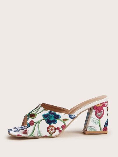 Flower Embroidered Chunky Heeled Mules