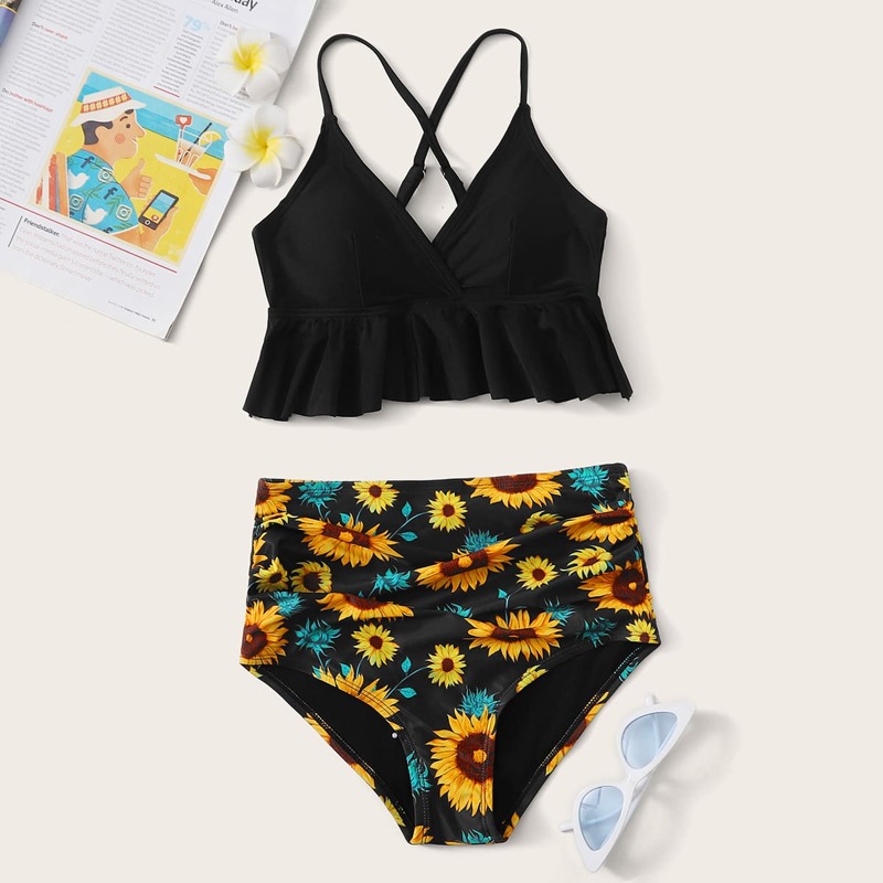 

Sunflower Ruffle Hem High Waisted Bikini, Multicolor