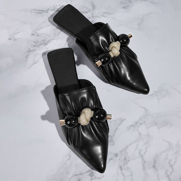

Ball Decor Point Toe Flat Mules, Black