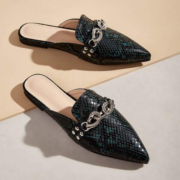 

Metal Decor Snakeskin Pattern Flat Mules, Black