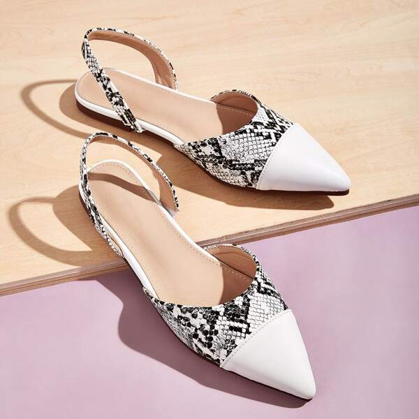 

Snakeskin Pattern Slingback Flats, Black and white