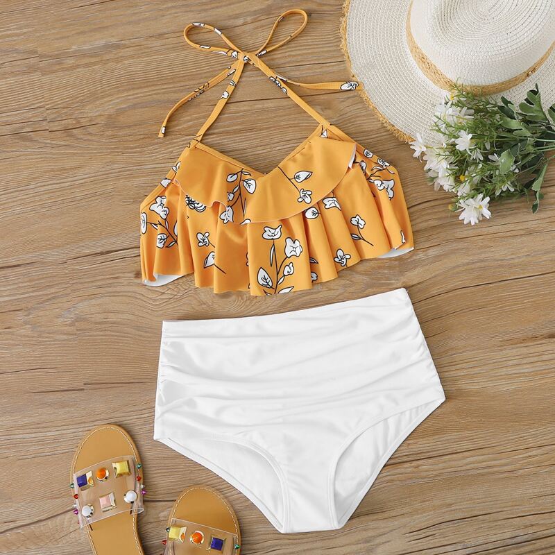 

Floral Ruffle Halter High Waisted Bikini, Multicolor