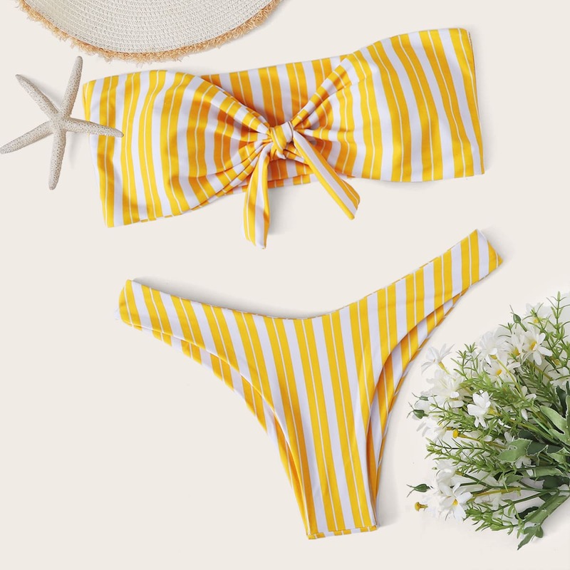 

Striped Tie Front Bandeau High Cut Bikini, Yellow