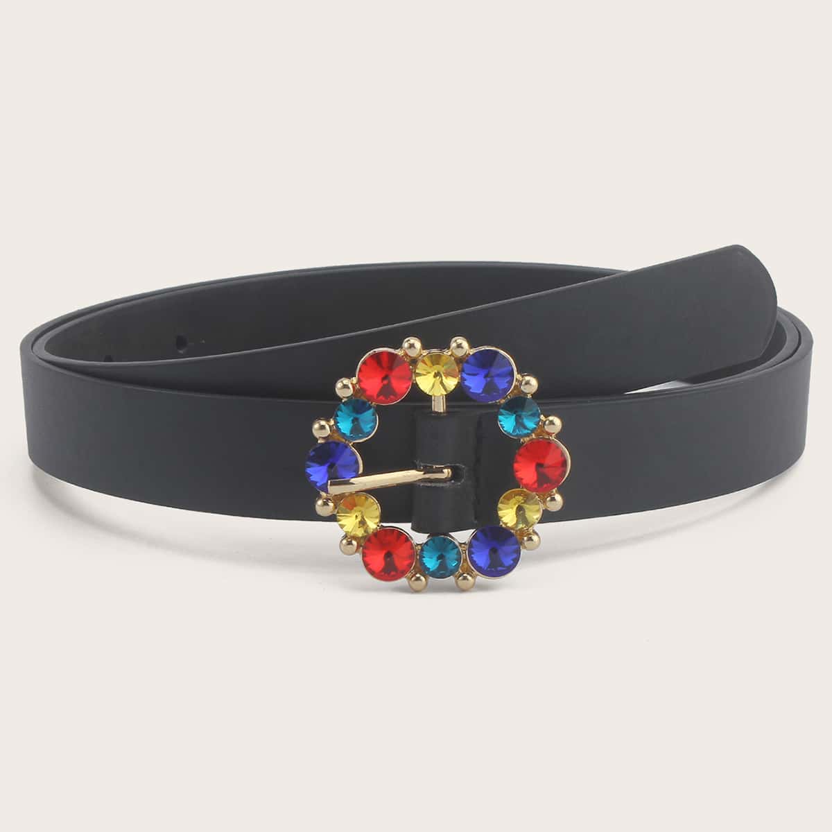 

Colorful Rhinestone Engraved Buckle Belt, Black