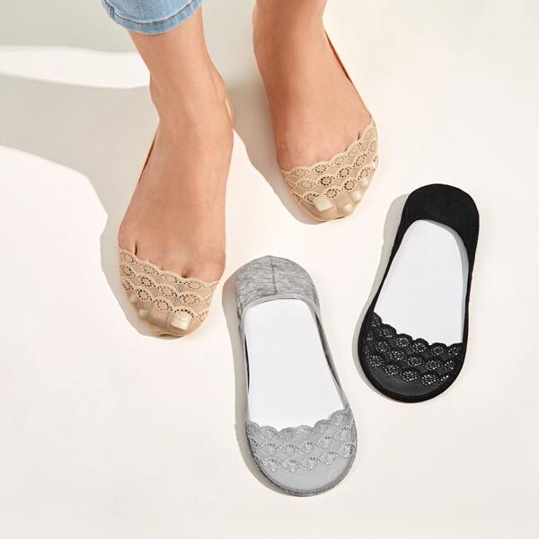 

3pairs Contrast Lace Invisible Socks, Multicolor